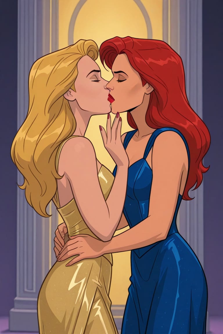 Jean Grey and Valerie Cooper lesbian kissing each other in evening dress in X-Men '97 TV series,  red hair,  blonde hair b...