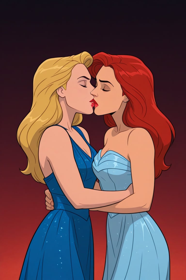 Jean Grey and Valerie Cooper lesbian kissing each other in evening dress in X-Men '97 TV series,  red hair,  blonde hair b...