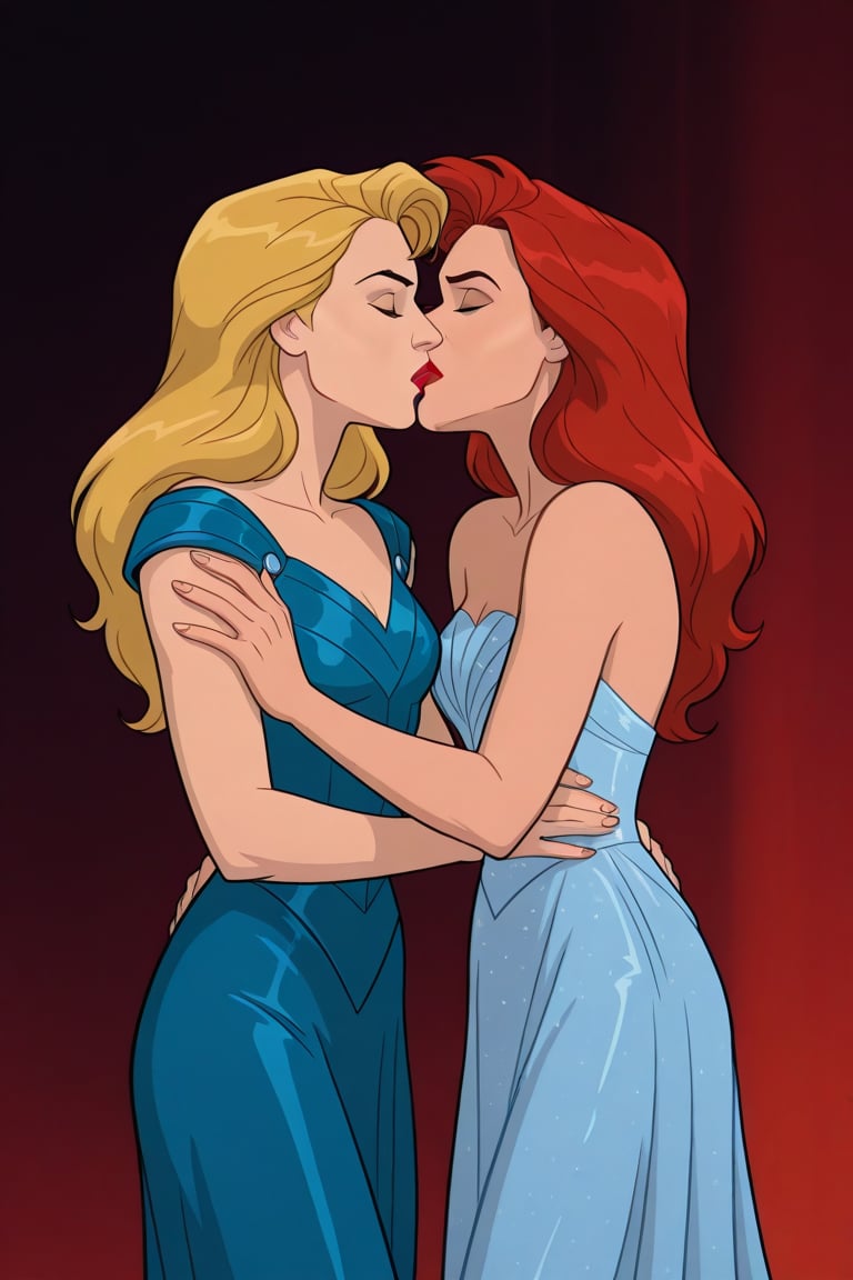 Jean Grey and Valerie Cooper lesbian kissing each other in evening dress in X-Men '97 TV series,  red hair,  blonde hair b...