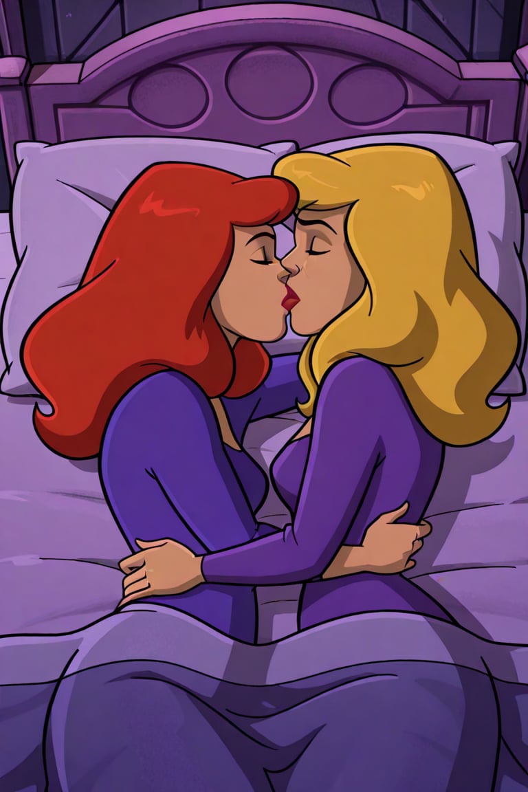 Daphne Blake and Professor Svankmajer lesbian kissing each other bed,  red hair,  blonde hair by Anonnim on Tensor.Art