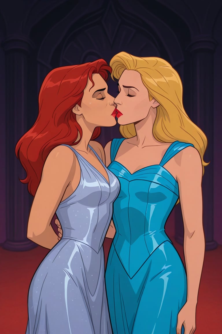 Jean Grey and Valerie Cooper lesbian kissing each other in evening dress in X-Men '97 TV series,  red hair,  blonde hair b...