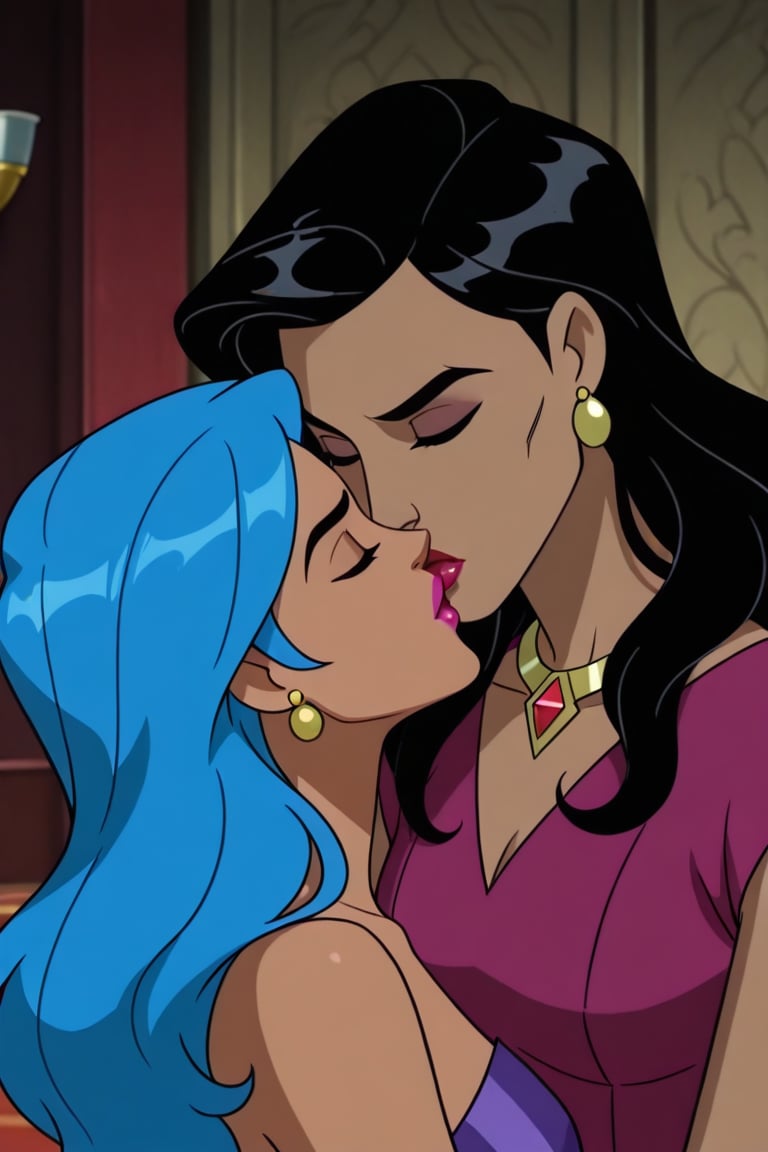 Diana Prince and Tala lesbian kissing each other in DCAU series,  black hair,  blue hair by Anonnim on Tensor.Art