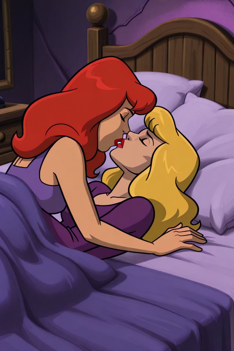 Daohne Blake and Professor Svankmajer lesbian kissing each other bed,  red hair,  blonde hair by Anonnim on Tensor.Art