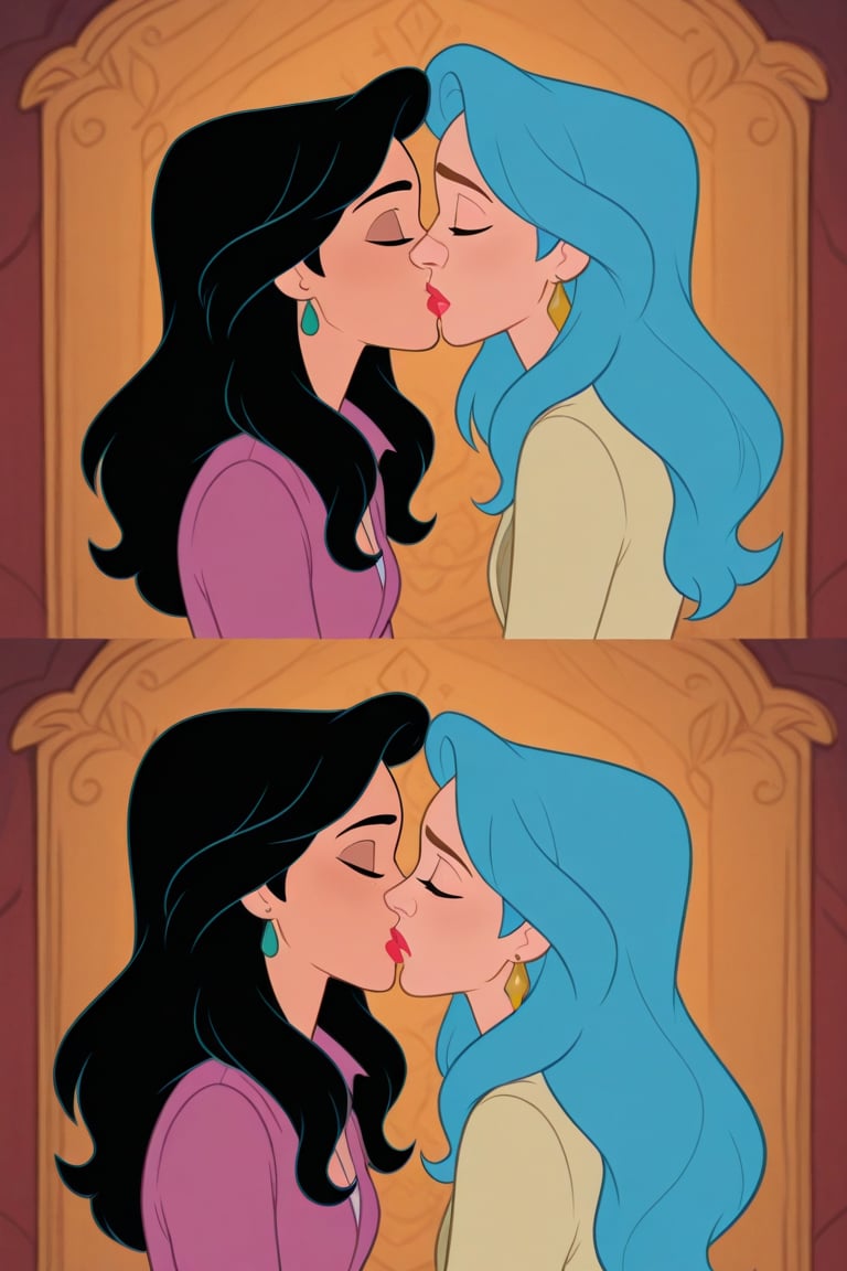 Diana Prince and Tala lesbian kissing each other in DCAU series,  black hair,  blue hair by Anonnim on Tensor.Art