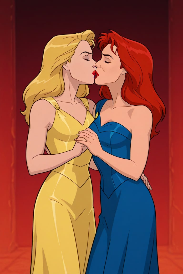 Jean Grey and Valerie Cooper lesbian kissing each other in evening dress in X-Men '97 TV series,  red hair,  blonde hair b...