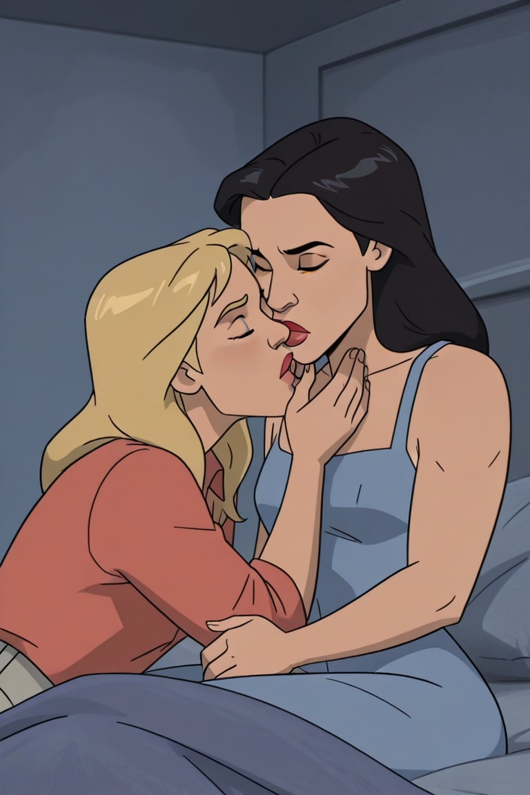 Riley and Jane lesbian kissing each other in bed in Invincible TV series,  black hair,  blonde hair by Anonnim on Tensor.Art