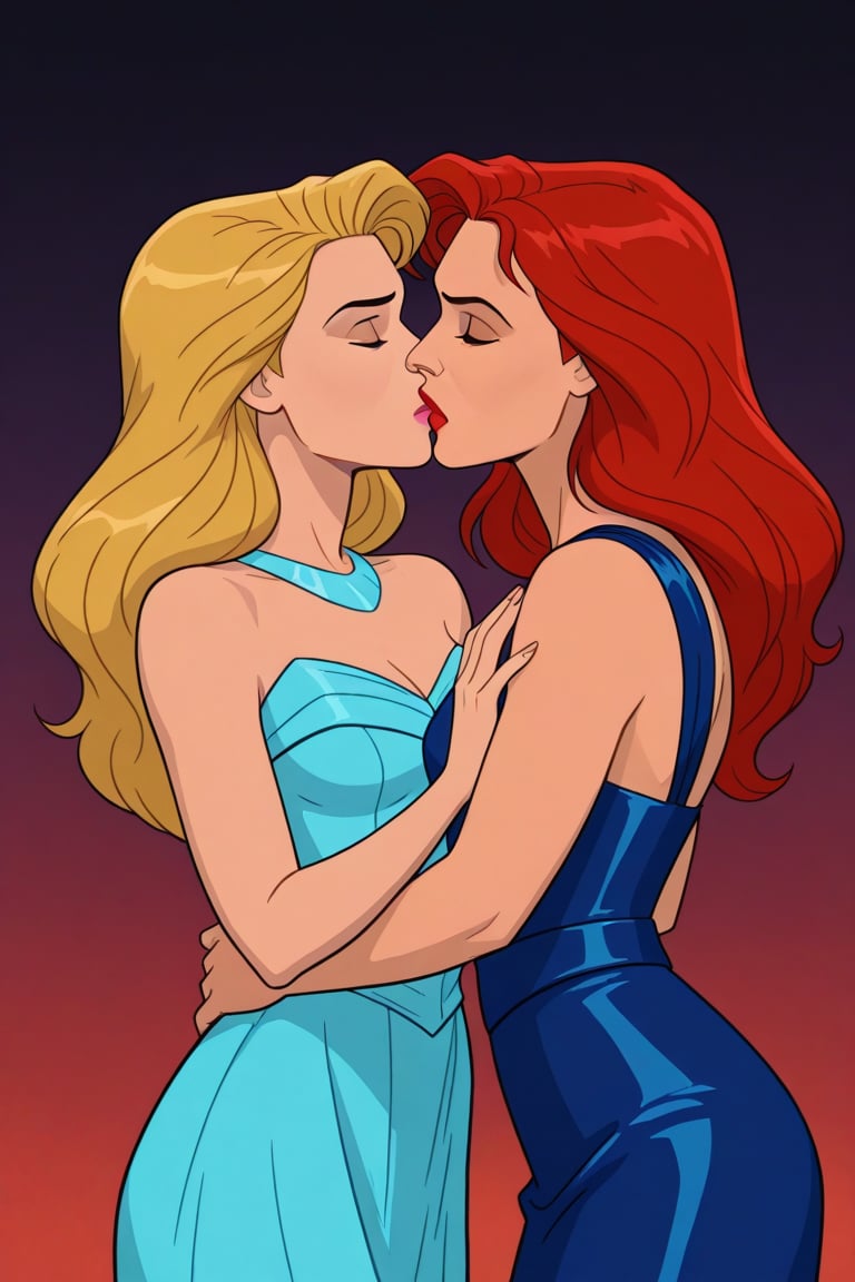 Jean Grey and Valerie Cooper lesbian kissing each other in evening dress in X-Men '97 TV series,  red hair,  blonde hair b...