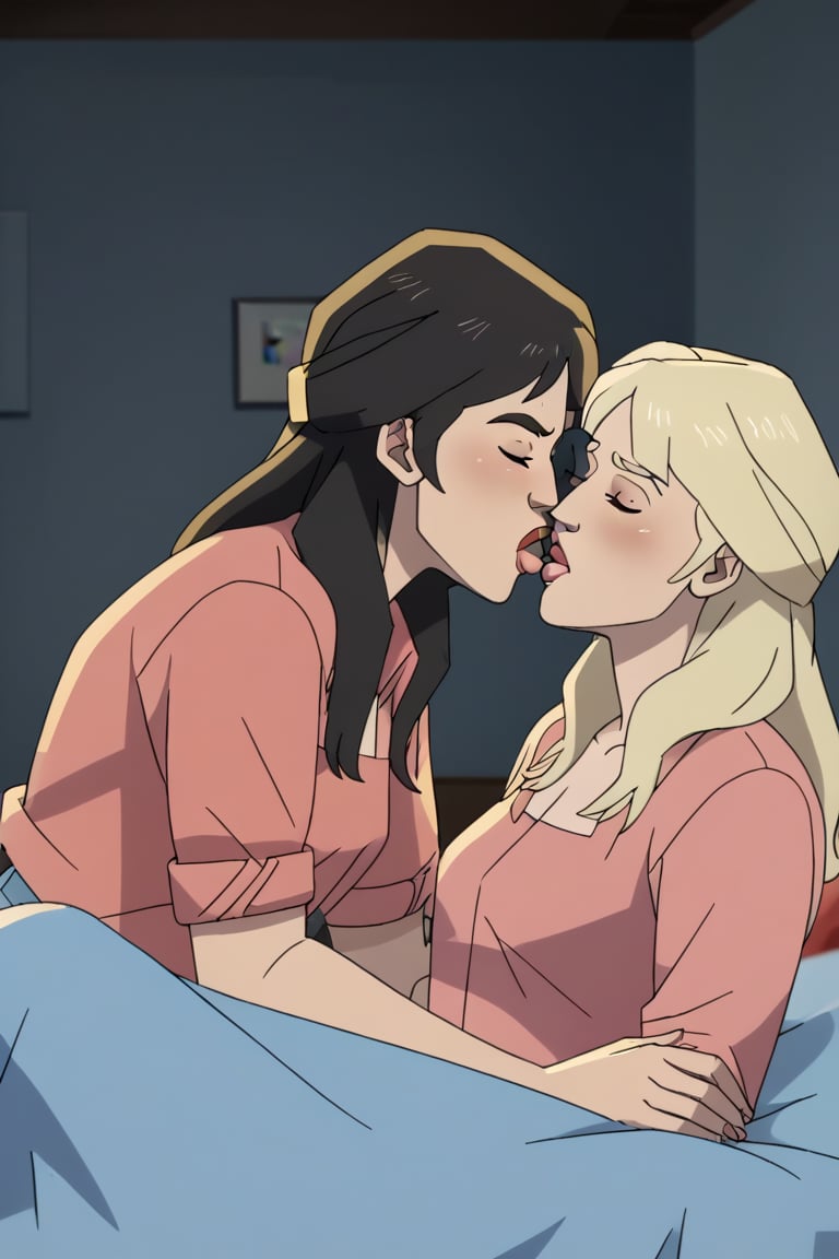 Riley and Jane lesbian kissing each other in bed in Invincible TV series,  black hair,  blonde hair by Anonnim on Tensor.Art