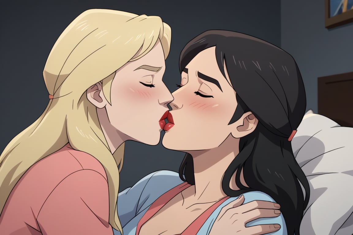 Riley and Jane lesbian kissing each other in bed in Invincible TV series,  black hair,  blonde hair by Anonnim on Tensor.Art