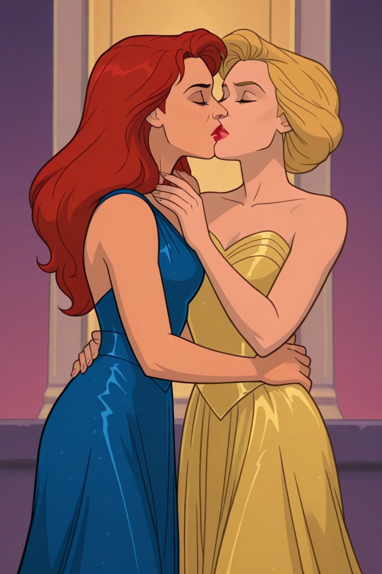 Jean Grey and Valerie Cooper lesbian kissing each other in evening dress in X-Men '97 TV series,  red hair,  blonde hair b...