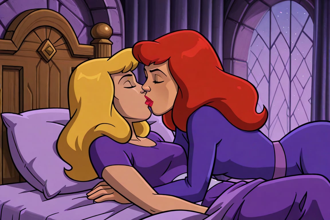 Daphne Blake and Professor Svankmajer lesbian kissing each other bed,  red hair,  blonde hair by Anonnim on Tensor.Art