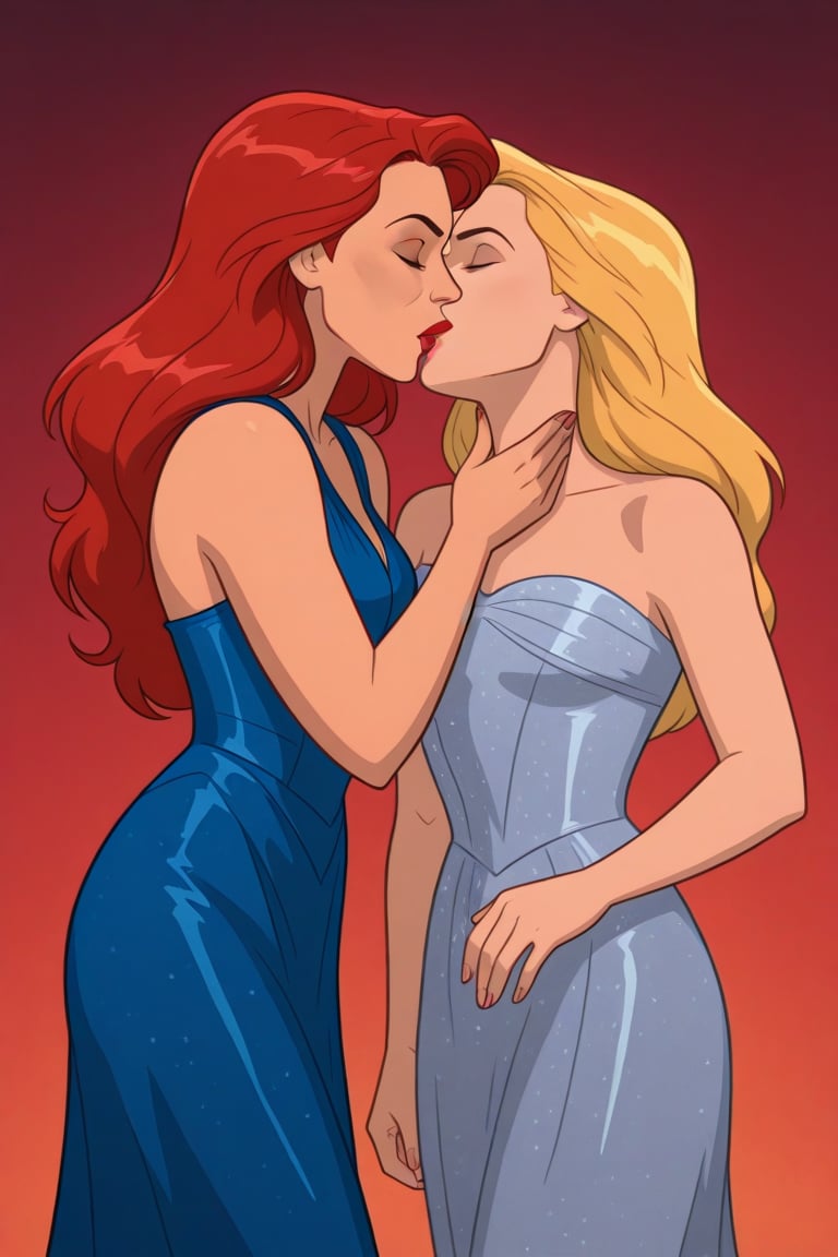 Jean Grey and Valerie Cooper lesbian kissing each other in evening dress in X-Men '97 TV series,  red hair,  blonde hair b...