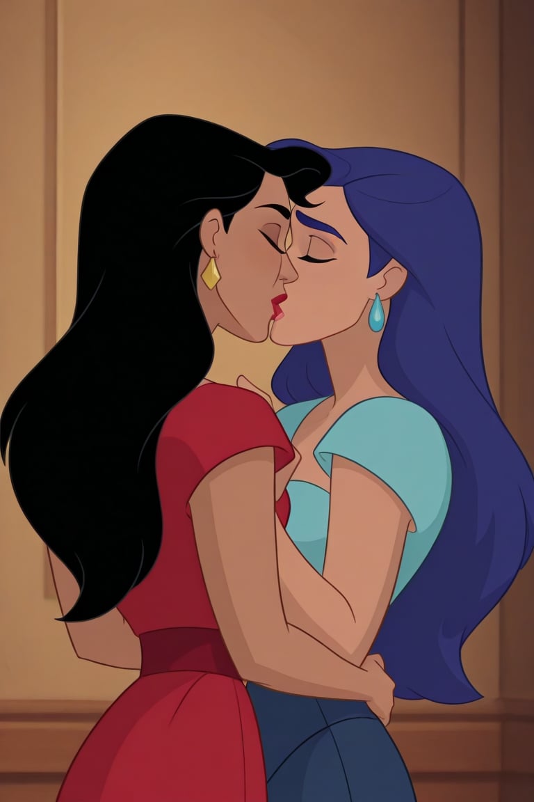 Diana Prince and Tala lesbian kissing each other in DCAU series,  black hair,  blue hair by Anonnim on Tensor.Art