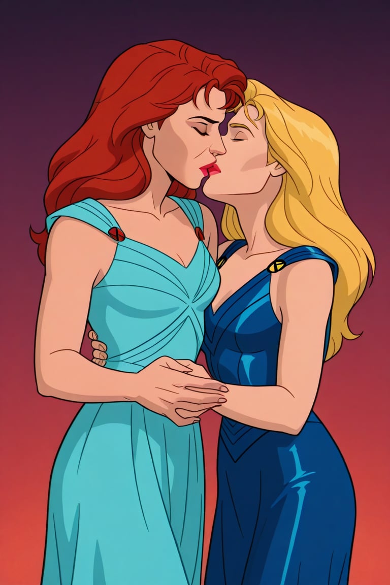 Jean Grey and Valerie Cooper lesbian kissing each other in evening dress in X-Men '97 TV series,  red hair,  blonde hair b...