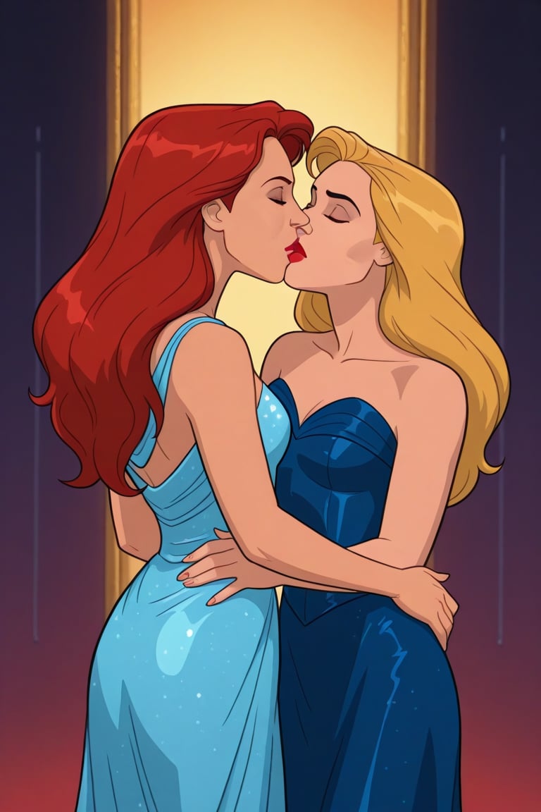 Jean Grey and Valerie Cooper lesbian kissing each other in evening dress in X-Men '97 TV series,  red hair,  blonde hair b...
