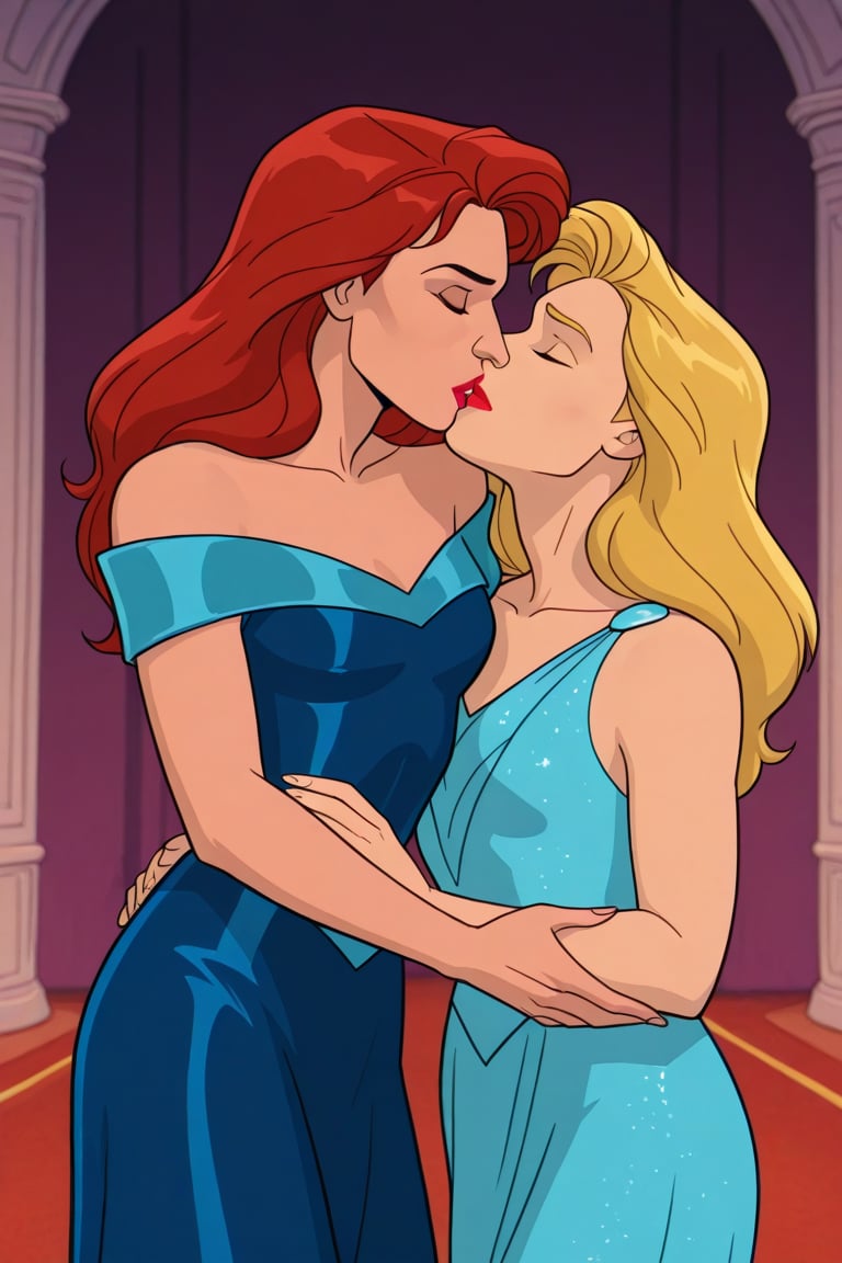 Jean Grey and Valerie Cooper lesbian kissing each other in evening dress in X-Men '97 TV series,  red hair,  blonde hair b...