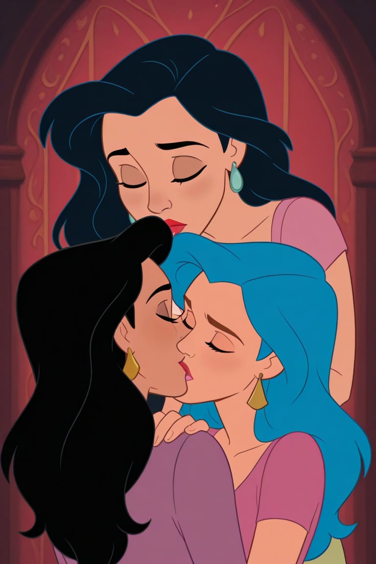 Diana Prince and Tala lesbian kissing each other in DCAU series,  black hair,  blue hair by Anonnim on Tensor.Art