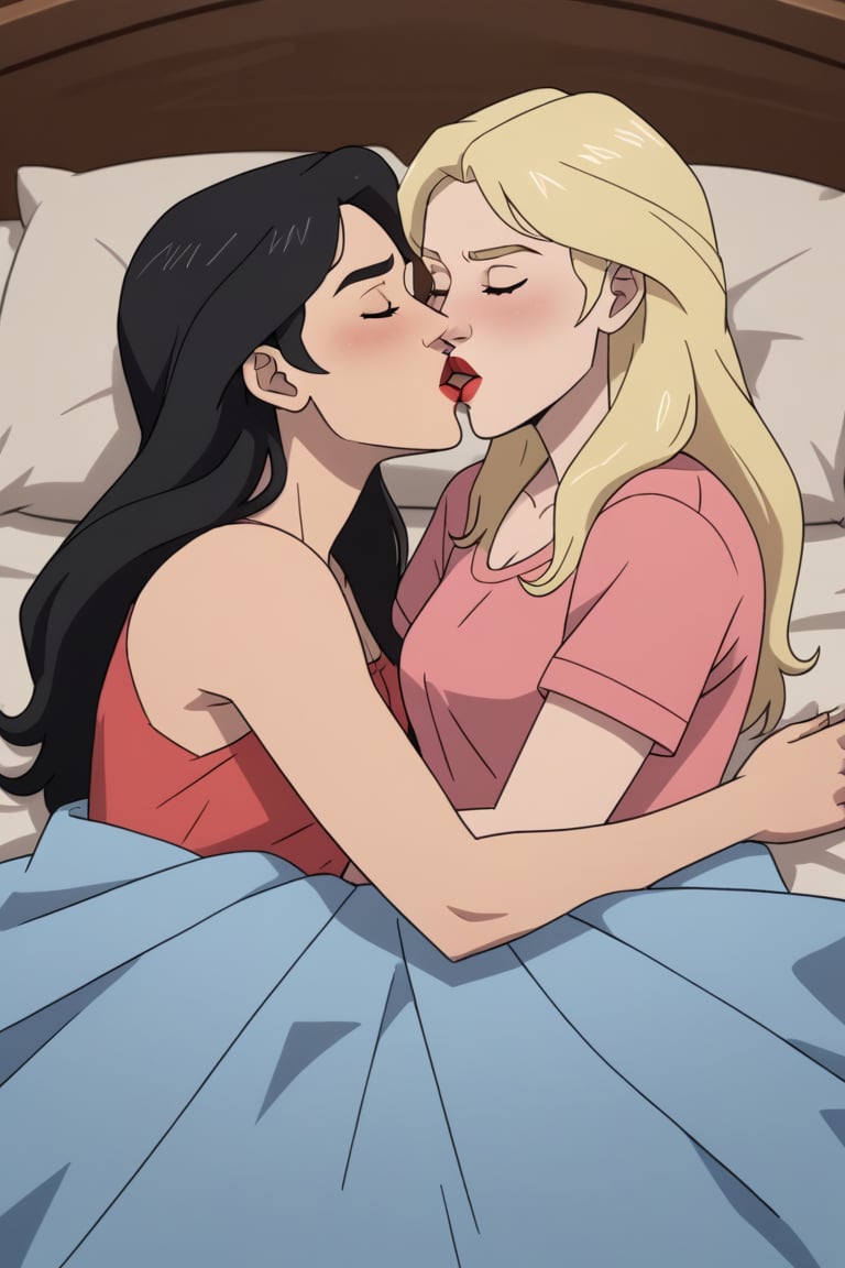 Riley and Jane lesbian kissing each other in bed in Invincible TV series,  black hair,  blonde hair by Anonnim on Tensor.Art