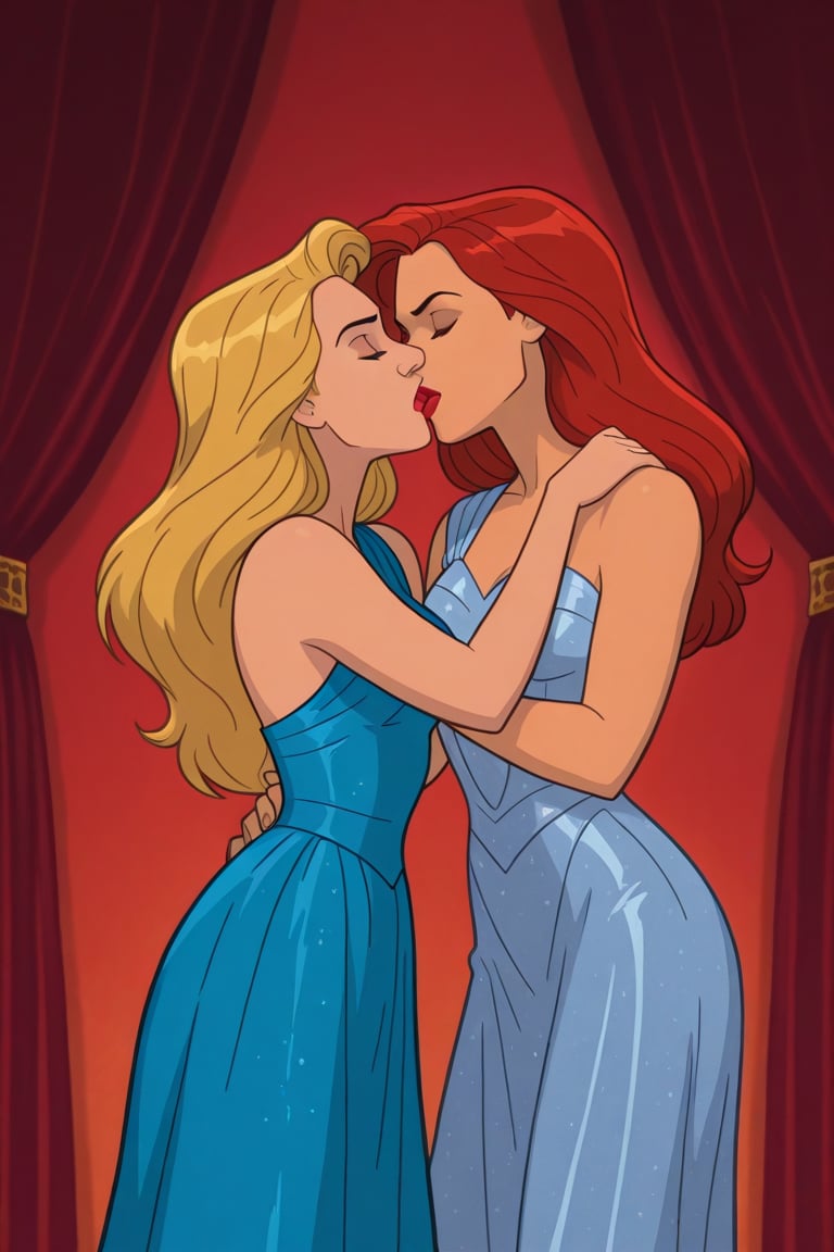 Jean Grey and Valerie Cooper lesbian kissing each other in evening dress in X-Men '97 TV series,  red hair,  blonde hair b...
