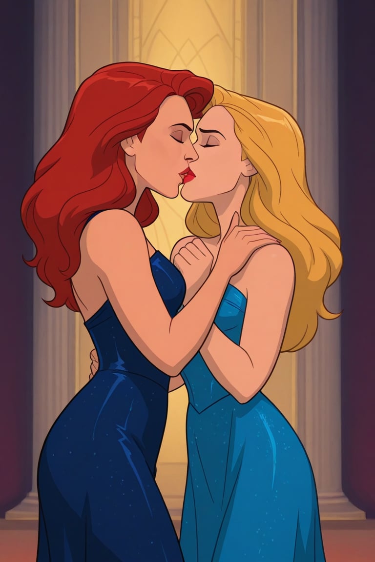 Jean Grey and Valerie Cooper lesbian kissing each other in evening dress in X-Men '97 TV series,  red hair,  blonde hair b...