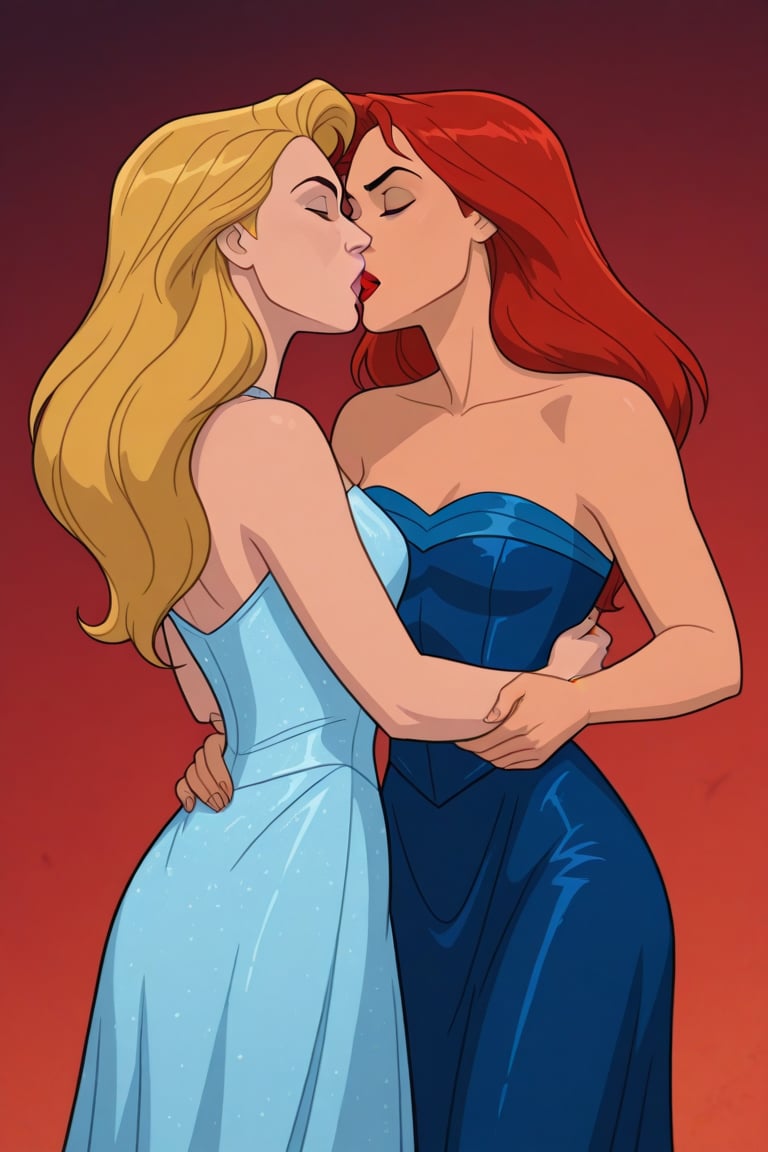 Jean Grey and Valerie Cooper lesbian kissing each other in evening dress in X-Men '97 TV series,  red hair,  blonde hair b...