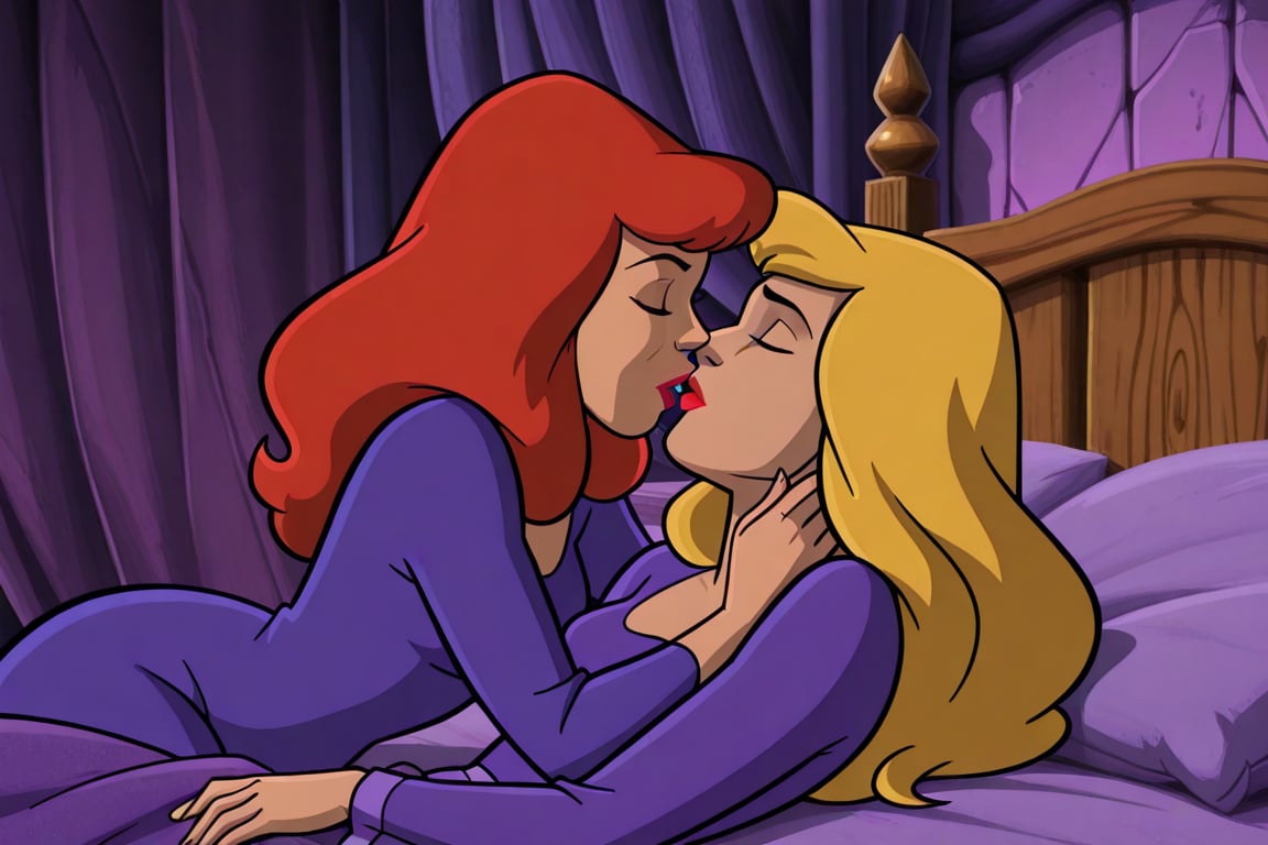 Daphne Blake and Professor Svankmajer lesbian kissing each other bed,  red hair,  blonde hair by Anonnim on Tensor.Art