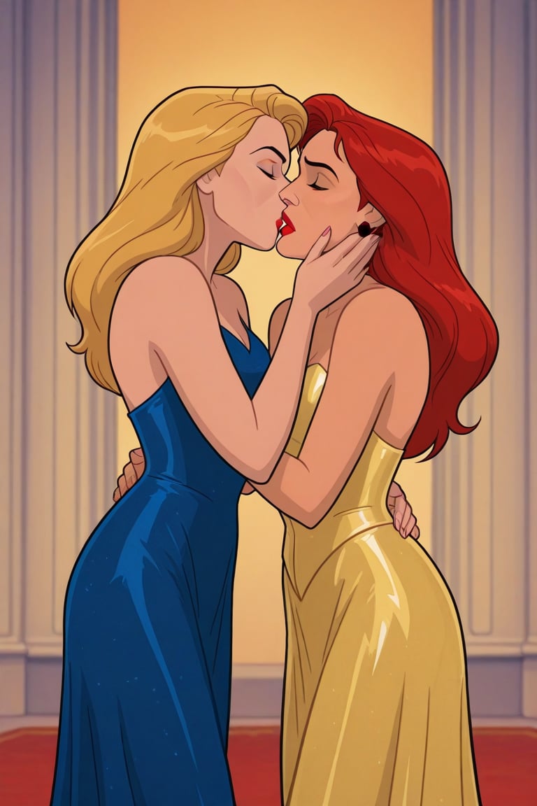 Jean Grey and Valerie Cooper lesbian kissing each other in evening dress in X-Men '97 TV series,  red hair,  blonde hair b...