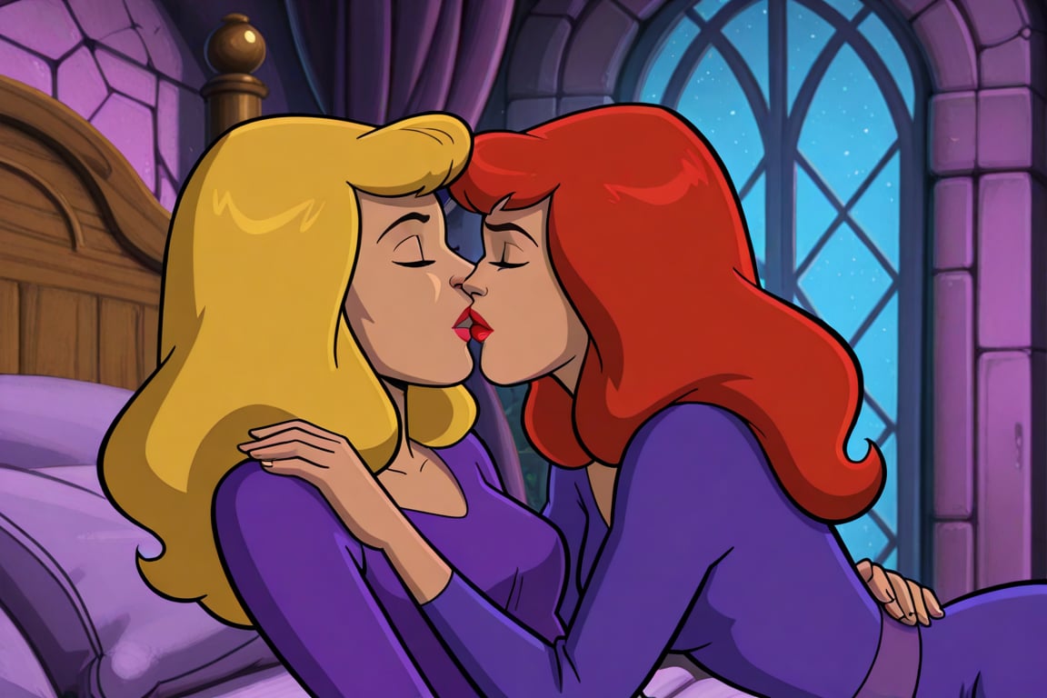 Daphne Blake and Professor Svankmajer lesbian kissing each other bed,  red hair,  blonde hair by Anonnim on Tensor.Art