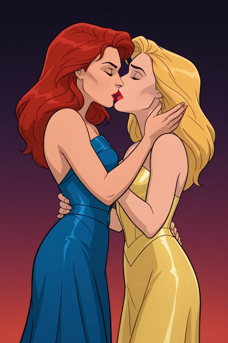 Jean Grey and Valerie Cooper lesbian kissing each other in evening dress in X-Men '97 TV series,  red hair,  blonde hair b...
