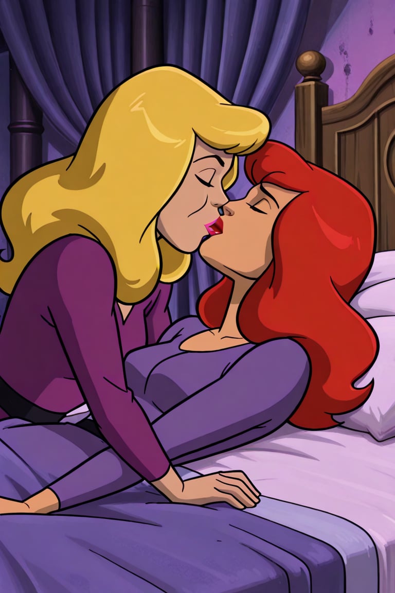 Daohne Blake and Professor Svankmajer lesbian kissing each other bed,  red hair,  blonde hair by Anonnim on Tensor.Art