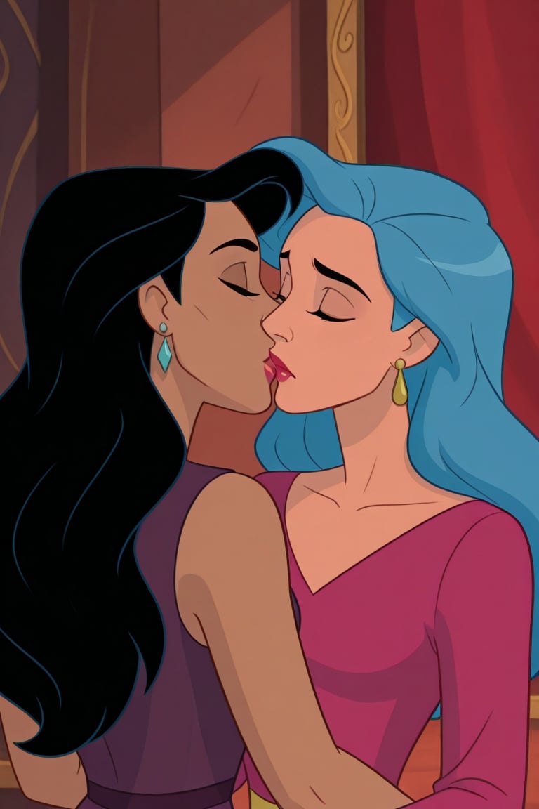 Diana Prince and Tala lesbian kissing each other in DCAU series,  black hair,  blue hair by Anonnim on Tensor.Art