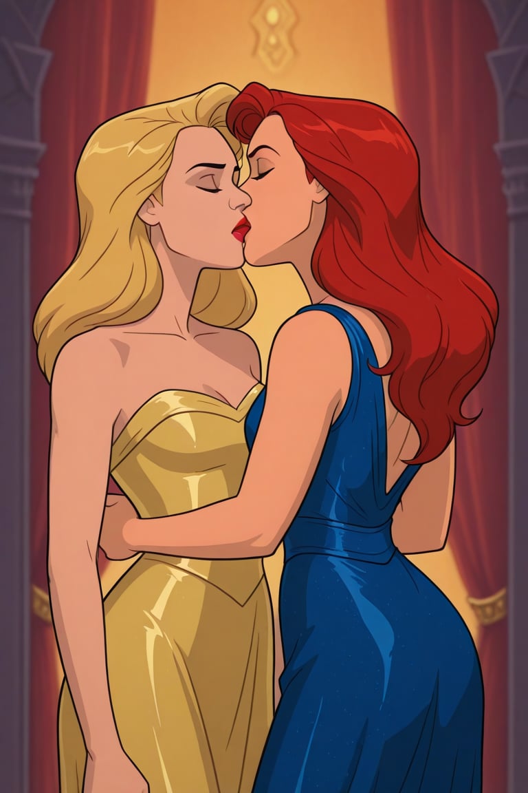 Jean Grey and Valerie Cooper lesbian kissing each other in evening dress in X-Men '97 TV series,  red hair,  blonde hair b...
