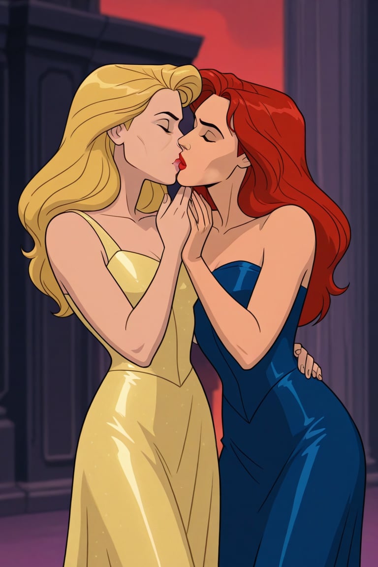 Jean Grey and Valerie Cooper lesbian kissing each other in evening dress in X-Men '97 TV series,  red hair,  blonde hair b...
