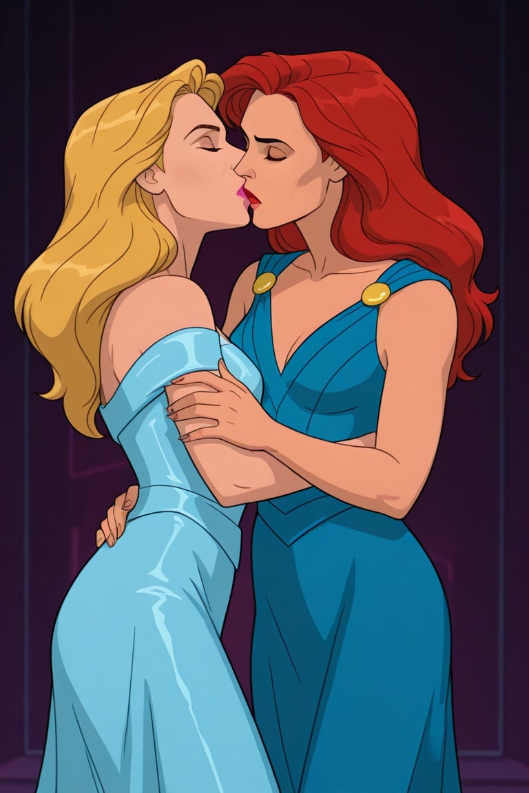 Jean Grey and Valerie Cooper lesbian kissing each other in evening dress in X-Men '97 TV series,  red hair,  blonde hair b...