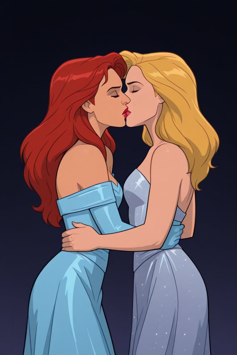 Jean Grey and Valerie Cooper lesbian kissing each other in evening dress in X-Men '97 TV series,  red hair,  blonde hair b...