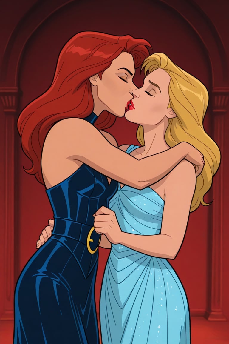 Jean Grey and Valerie Cooper lesbian kissing each other in evening dress in X-Men '97 TV series,  red hair,  blonde hair b...