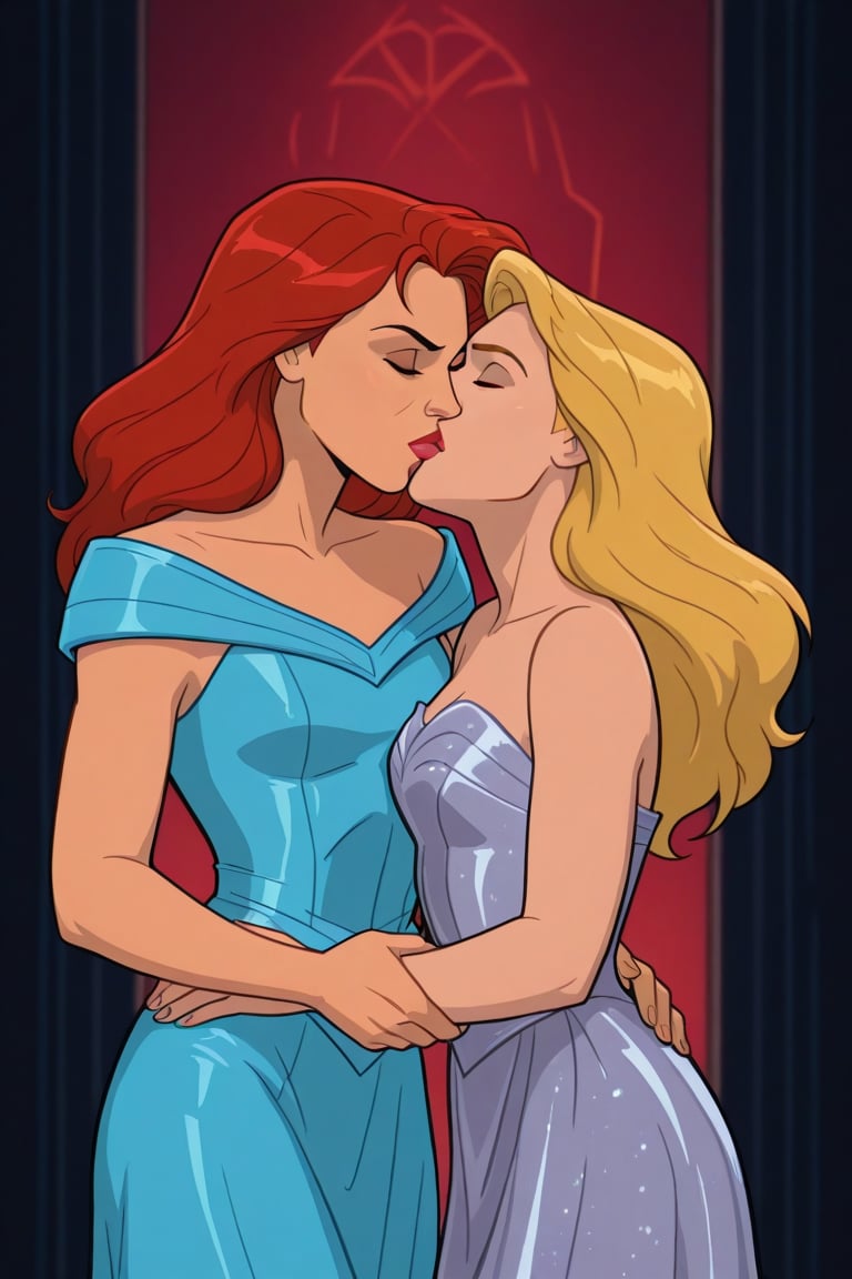 Jean Grey and Valerie Cooper lesbian kissing each other in evening dress in X-Men '97 TV series,  red hair,  blonde hair b...