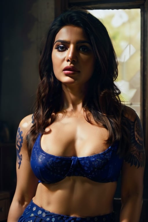 RAW photo, samantha, nsfw, arm tattoo, blue underwear clothes pull, boobs, nipples,reslistic,ultra realistic, , at home, (standing:1.1), (high detailed skin:1.2), 8k uhd, dslr, soft lighting, high quality, film grain,