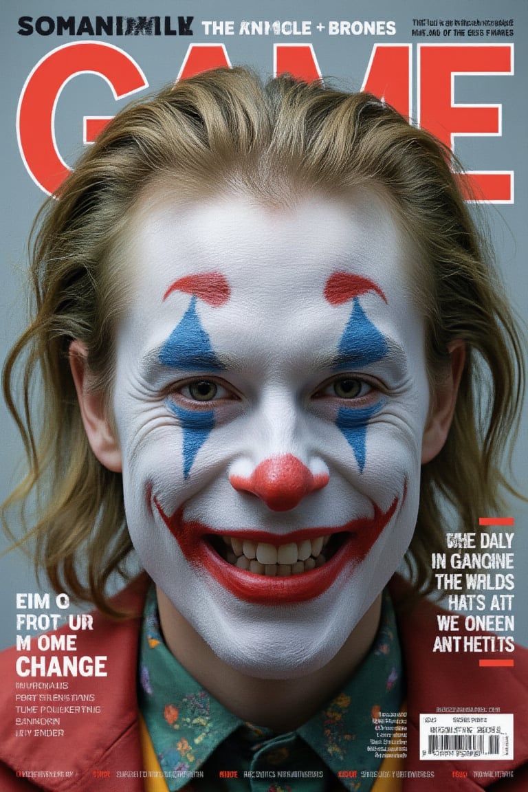 A magazine cover of the background text "GAME" and changer, a joker smile, 