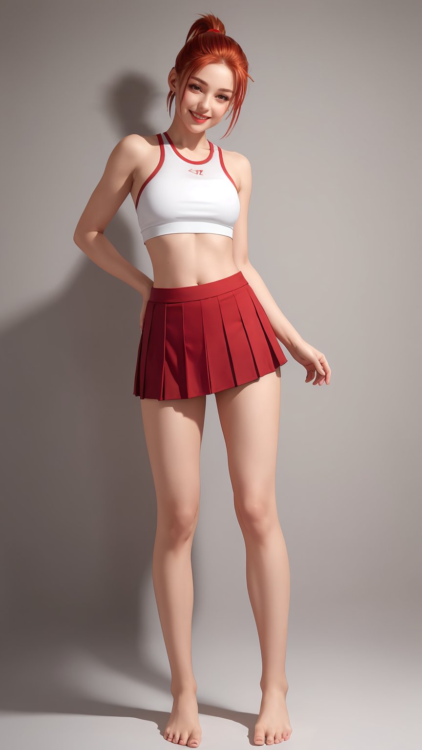 (best quality, masterpiece), 1girl, red ponytail hair, looking at viewer, light smile, full body, sportswear, white crop top, mini pleated skirt, bare feet, full lips, almond eyes,
