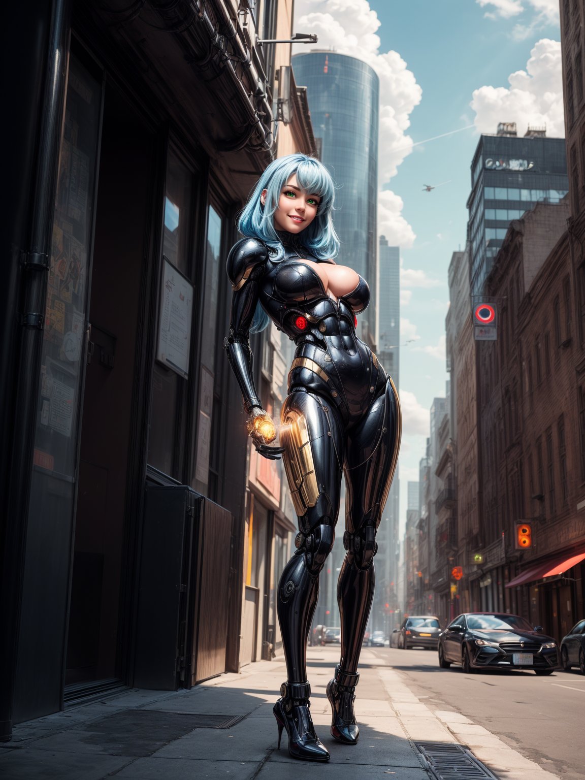 {((a woman – cyborg))},  {((wearing black suit with extremely tight and tight golden mechanical parts)),  ((absurdly gigan...