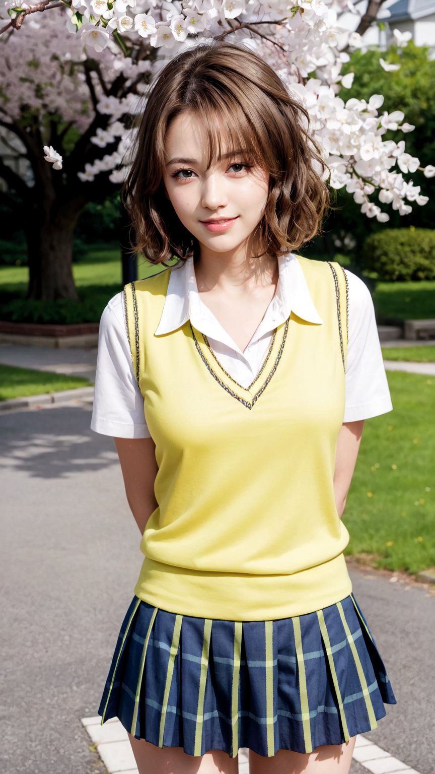 masterpiece, best quality, highres, 1girl, solo, short hair, brown hair, brown eyes, breasts, collarbone, school uniform, collared shirt, white shirt, sweater vest, (yellow vest:1.1), short sleeves, plaid skirt, green skirt, open mouth, arms behind back, standing, leaning forward, cowboy shot, cherry blossoms, outdoors, smile