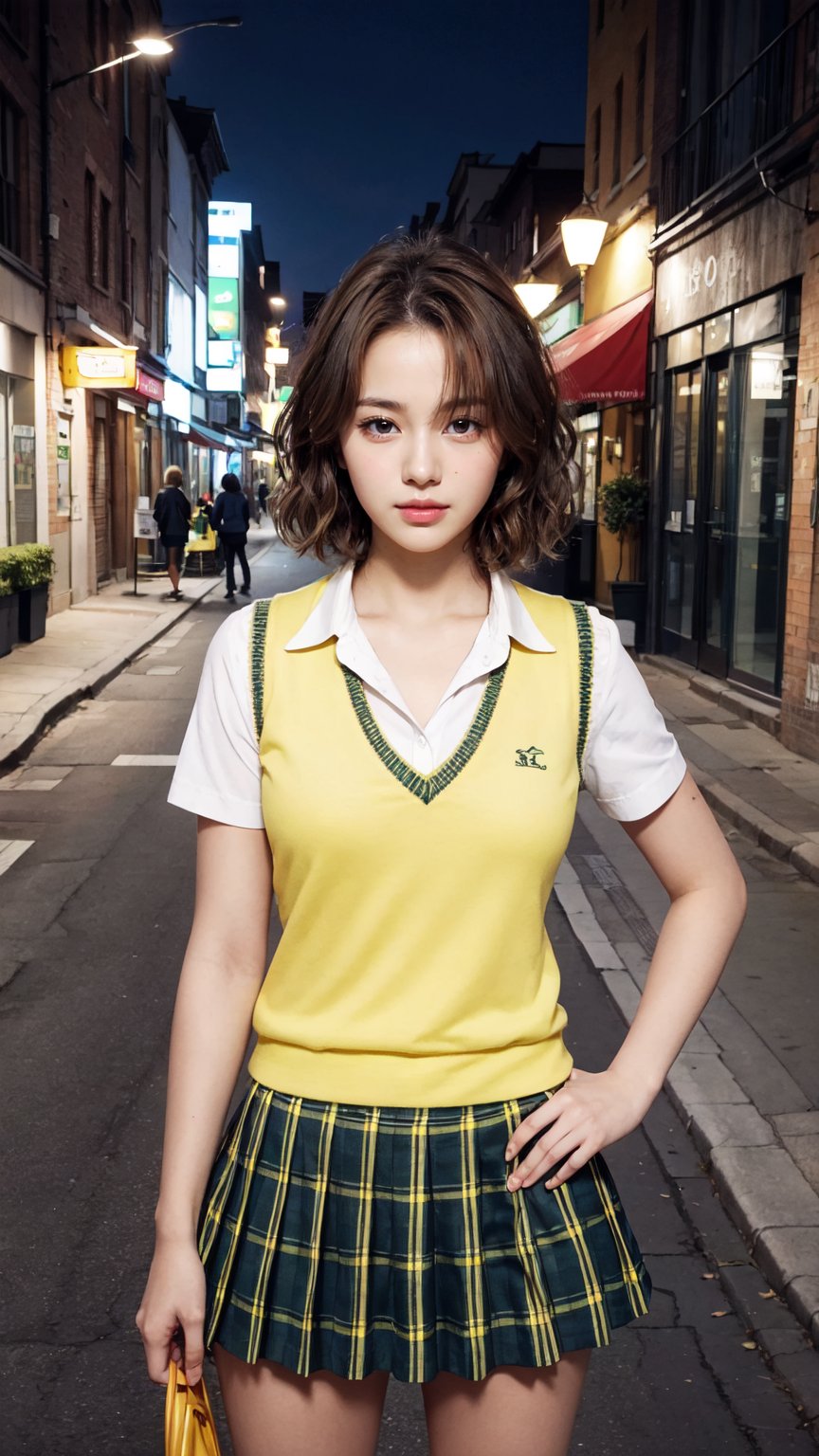 masterpiece, best quality, highres, 1girl, solo, short hair, brown hair, brown eyes, breasts, collarbone, school uniform, collared shirt, white shirt, sweater vest, (yellow vest:1.1), short sleeves, plaid skirt, green skirt, night, standing, street, hand on hip, city