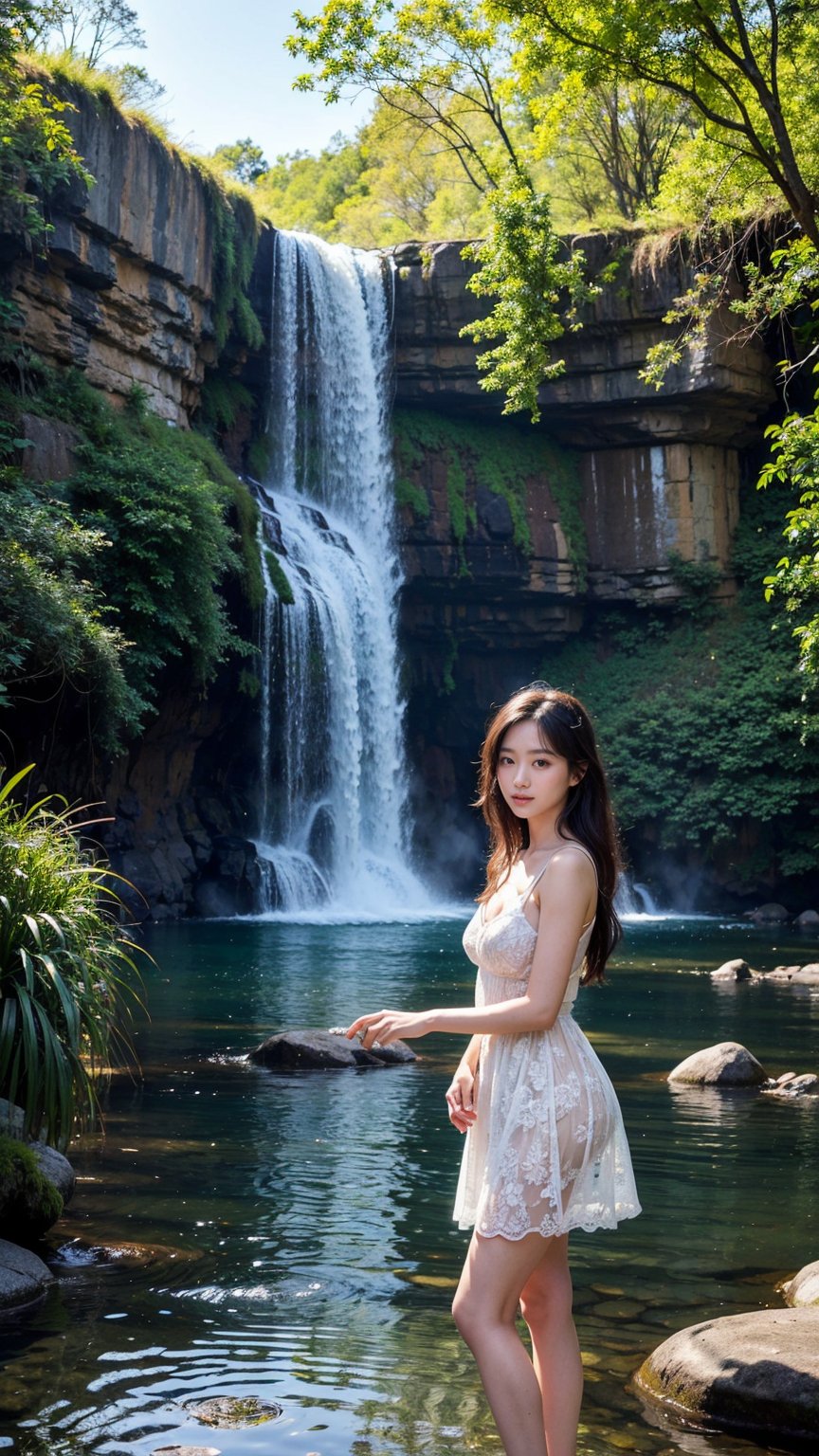 A masterpiece unfolds: A stunning Korean girl stands at the edge of Victoria's majestic waterfalls, her flowing hair and beautiful detailed eyes illuminated by soft, colorful light. She wears a Waist Patch That Looks Narrower Y2K Sporty Kara Mini One Dress, holding a bouquet of fresh flowers. Pure happiness radiates from her serene expression as she steps into the Australian wilderness, surrounded by enchanting scenery and refreshing mist. The emerald green waters cascade beneath her, creating a peaceful retreat that harmonizes with nature. As the sun sets in the distance, her silhouette is bathed in warm golden light, exuding a romantic mood.