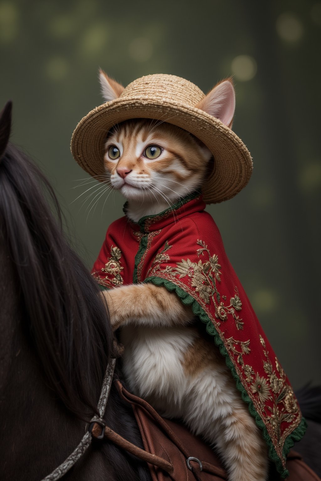 Cute kitten riding a big black vaulting horse, closed: straw hat, red and green embroidered Chinese cloak, cinematic pose, fairy atmosphere, highly detailed, dramatic lighting. Forest background, digital painting, masterpiece, maximalism, near perfection, design by Greg Rutkowski + Esao Andrews, oil painting
