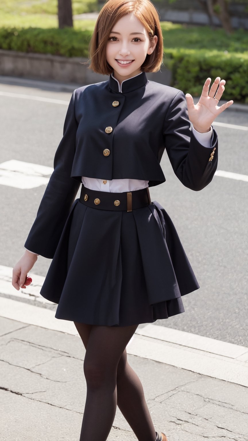 masterpiece, best quality, highres, aanobara, short hair, (black jacket:1.2), buttons, long sleeves, black skirt, high-waist skirt, black pantyhose, cherry blossoms, outdoors, looking at viewer, standing, grin, cowboy shot, waving