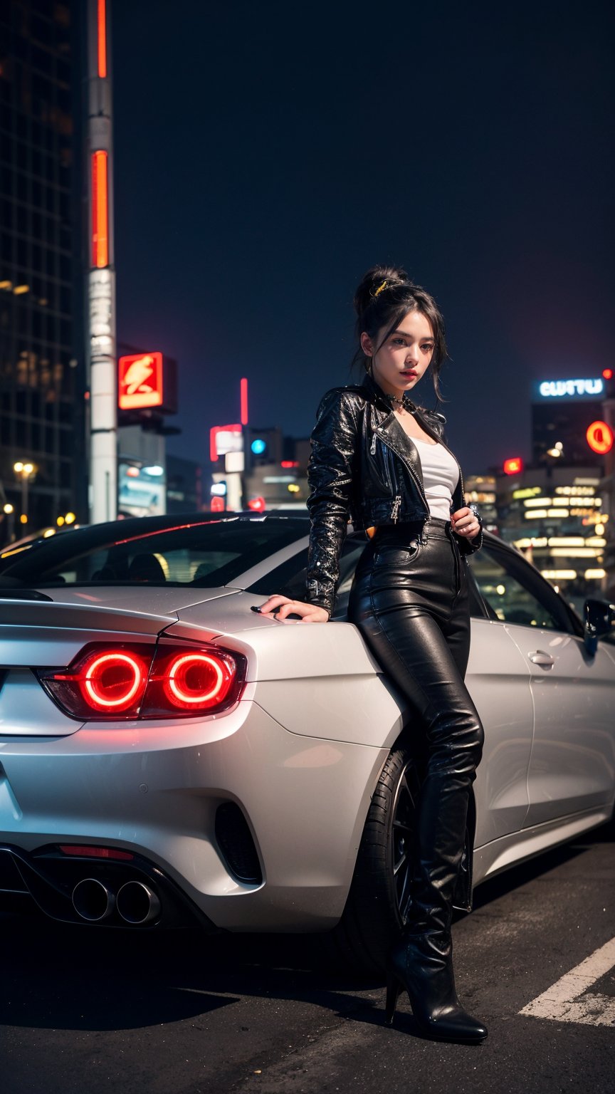 A girl poses in front of a neon-lit sports car, surrounded by an urban cityscape at dusk. She wears silver boots, black hair styled in pigtails, a Jean Paul Gaultier-inspired outfit with bold, colorful accents. The cyberpunk aesthetic shines bright amidst the black and maroon hues, as she strikes a playful pose, exuding energetic vibes.