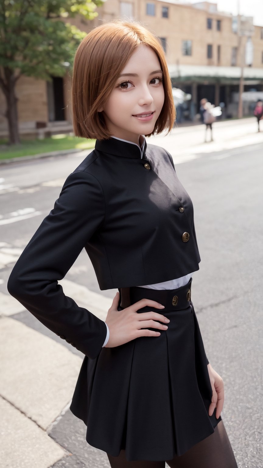 masterpiece, best quality, highres, aanobara, short hair, (black jacket:1.2), buttons, long sleeves, black skirt, high-waist skirt, black pantyhose, looking at viewer, standing, cowboy shot, outdoors, smile, hand on hip,