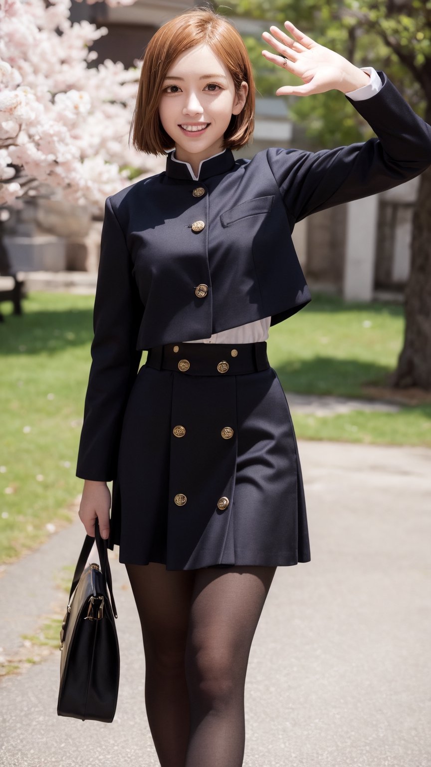 masterpiece, best quality, highres, aanobara, short hair, (black jacket:1.2), buttons, long sleeves, black skirt, high-waist skirt, black pantyhose, cherry blossoms, outdoors, looking at viewer, standing, grin, cowboy shot, waving