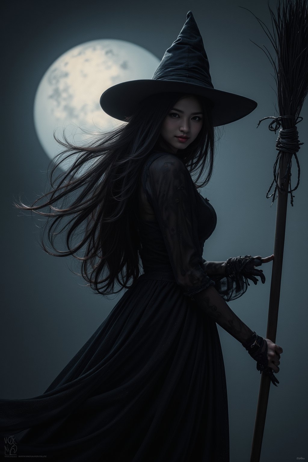 Dark and eerie silhouette of a witch with long flowing hair, holding a broomstick in an attractive pose, against a full moon background. Highly detailed realistic painting with intricate details such as the folds of her dress and wisps of hair. Inspired by the works of John William Waterhouse and Luis Ricardo Falero. (long shot), moody lighting, oil painting style, perfect for Halloween decor or concept art for a fantasy game.